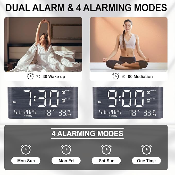 PPLEE 8.7inch Digital Alarm Clock for Bedroom-Digital Clock with Day of Week Month Year Humidity & Temperature Brightness Snooze 2 Alarm Clock & 2 USB Charger Desk Clock for Heavy Sleeper