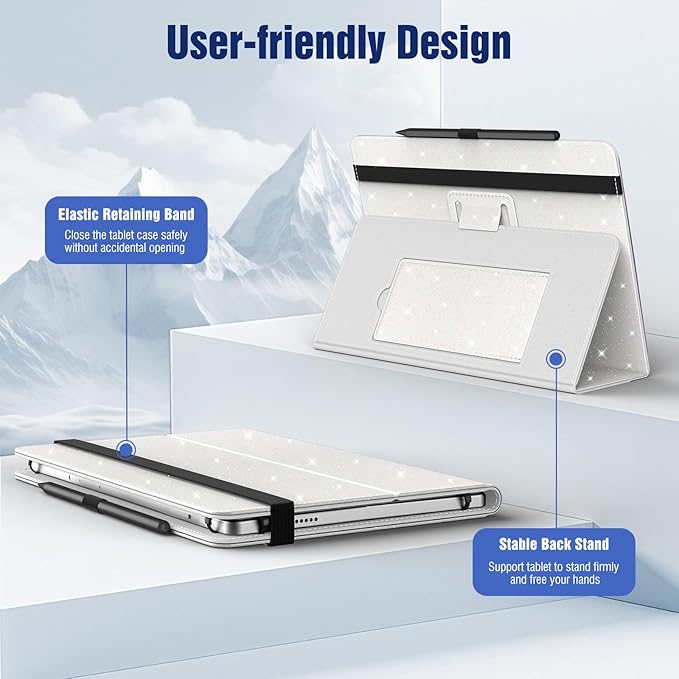 TiMOVO Universal Case for 10.1 Inch Android Tablet with Pen Loop, Lightweight Folding Stand Cover with Hand Strap for All 9.6"-11" Touchscreen Tablet, Glitter White