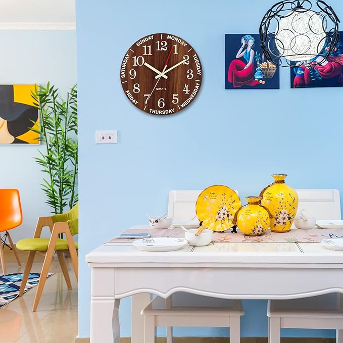 Wall Clock 10 Inch Brown Weekly Wall Clock Silent Battery Operated Luminous Hands Retirement Elderly Wooden Glow in The Dark Clock