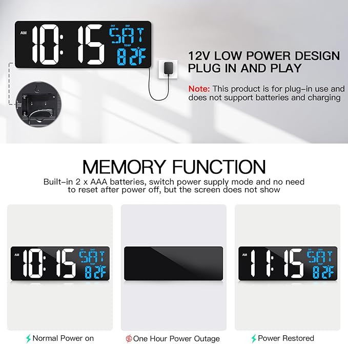 17 Inch Large Digital Wall Clock with Remote Control, Automatic Brightness Dimmer Digital Wall Clock Large Display with Day/Date/Temperature, Snooze, Count Up & Down Timer for Living Room, Office, Gym