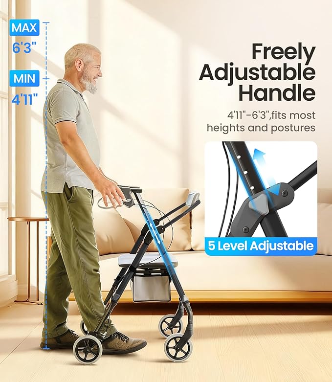 Walkers for Seniors, Z11 Rollator Walker with Seat, Max 380 lbs, Avant Walkers with Ergo Seat & Backrest, Foldable Rollator Adjustable Height, All Terrain Walker, Lightweight