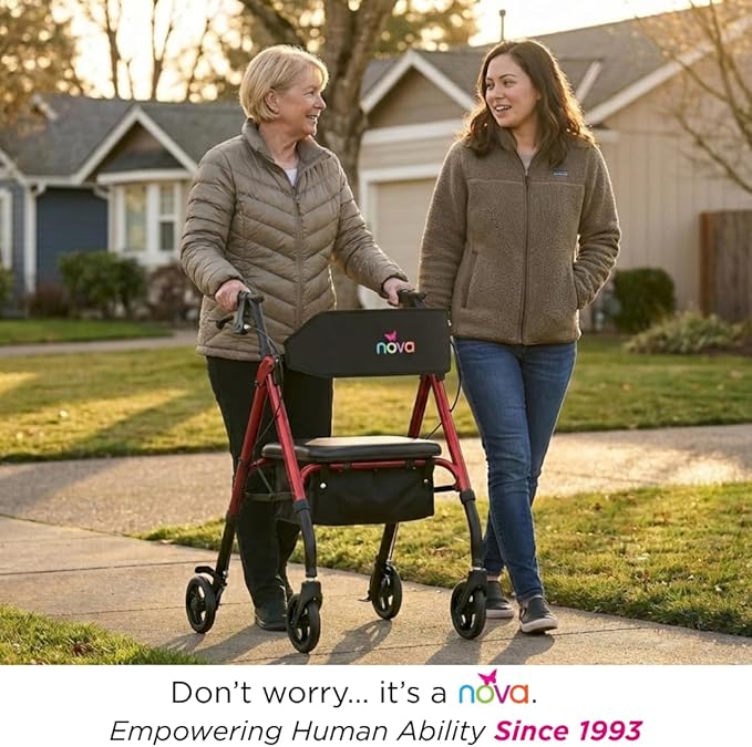 NOVA Star 6 Foldable Rollator Walker for Seniors, Wide Padded Backrest with Seat, 6” All-Terrain Wheels, Easy-Grip Locking Hand Brakes, Height Adjustable, Red