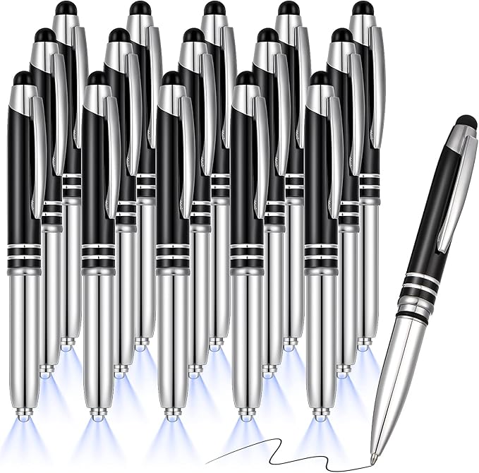 Zonon 15 Pieces 3 in 1 Ballpoint Pen with LED Flashlight and Stylus Tip Multi-Function Capacitive Pen, 1.0 mm Black Ink Metal Ballpoint for Touch Screens Nurse Teacher Gifts(Black)