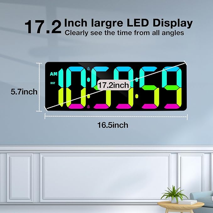 17.2" Large Digital Timer Wall Clock with Remote Control, Count Down Up Digital Timer, Auto DST LED Big Digital Clock for Bedroom Kitchen Living Room Office Gym Home Decor, RGB