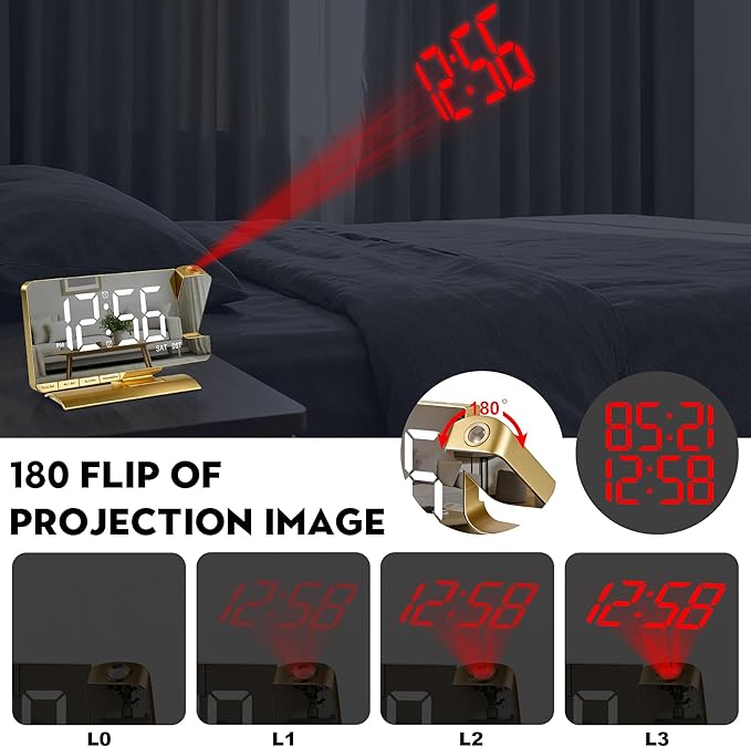 SZELAM Alarm Clock Bedside with Projection Digital Clock,7.3" Mirror Clock with 180°Rotating Projector,Dual Alarm with 3 Mode,Brightnee Adjust,DST,Snooze,Charging Port,5 Levels Volume for Desk Teens