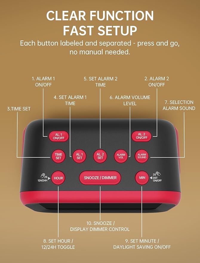 Acedeck Loud Alarm Clock for Heavy Sleepers: 115dB Dual Alarms with 6 Unique Sounds for Bedroom Dorm Room Use - On-Time Wake Up for Teen College Students - Red