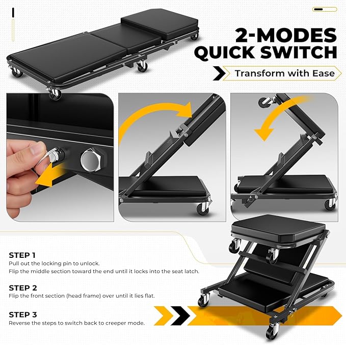 Auto Dynasty 36" Z-Creeper Seat, 2-in-1 Foldable Garage Creeper Shop Seat, 330 LBS Capacity Automotive Mechanic Repair Under Car Rolling Creeper Seat, Black