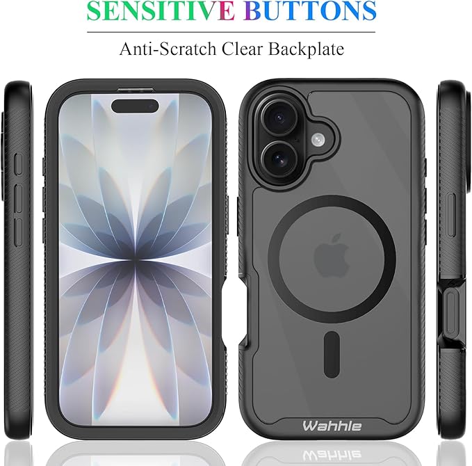 wahhle Compatible with iPhone 17 Case, Magnetic Built in Screen Protector Full Body Shockproof Slim Fit Bumper Protective Phone Cover Men Women-Black/Clear