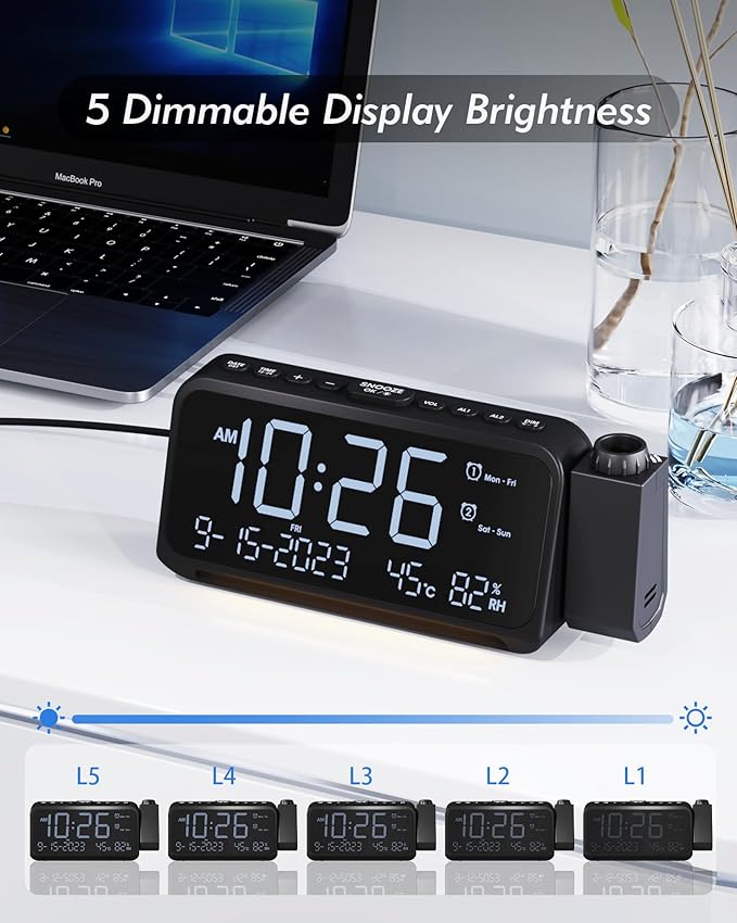 Roxicosly Projection Alarm Clock for Bedroom Ceiling, 118 dB Super Loud for Heavy Sleepers, Plug in Dual Alarm with Weekday/Weekend, 6.7" Large Digital Dimmable Display, Easy to Read