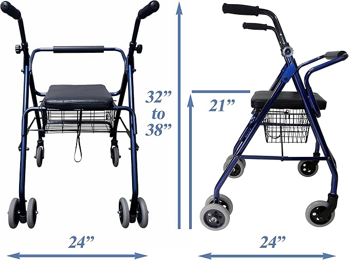 Freedom Lightweight Folding Aluminum Rollator Walker with 5-inch Wheels, Adjustable Seat Height Push Down Brake for Weak Grips with Basket (Midnight Blue)