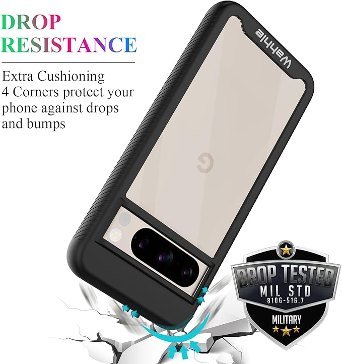 wahhle Compatible with Google Pixel 8 Pro Case, Built in Screen Protector Full Body Shockproof Slim Fit Bumper Protective Phone Cover Men Women-Black/Clear