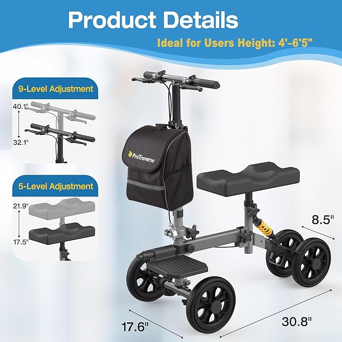 All Terrain Knee Scooter,Foldable & Steerable Knee Walker with Comfort Knee Pad, Dual Brakes,Crutch Alternative for Broken Foot & Ankle Recovery,Grey
