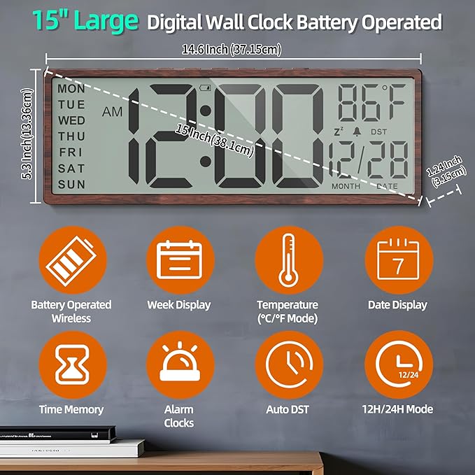 Digital Wood Wall Clock with Battery Operated, 15" Digital Clock Large Display with Date and Day of Week, Large Number with Temperature, Auto DST, Alarm, Snooze, 12/24-hour for Desk Office