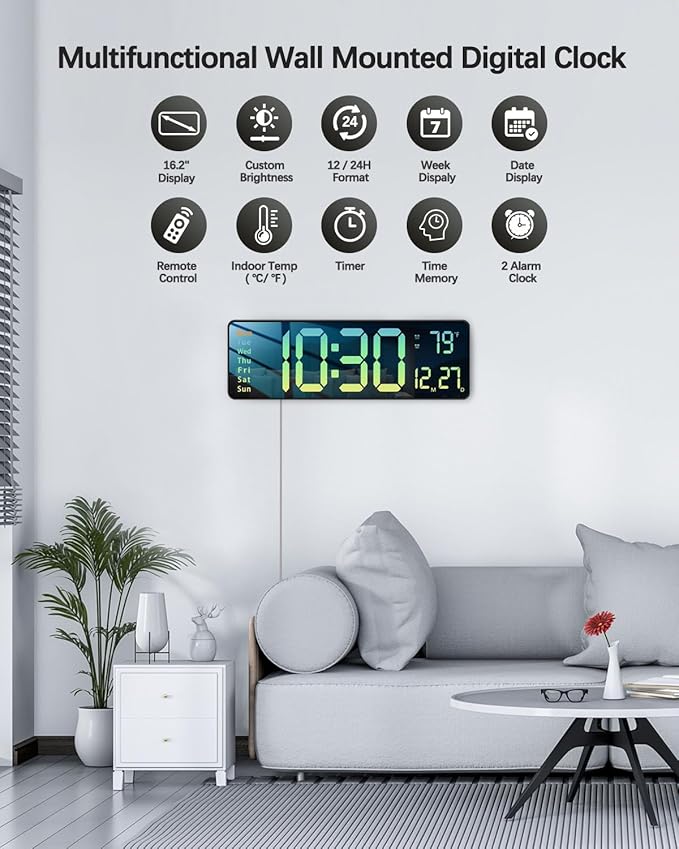 JoFomp Modern 16" Large Digital Wall Clock with Remote Control, LED Display, Auto-Dimming, Countdown, Temperature, Calendar - 12/24Hr Format - Silent Wall Clock for Home, Office (Gradient Green)