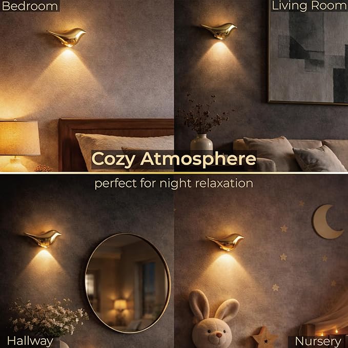 2-Pack Golden Bird Wall Light, Cordless Motion Sensor Wall Light Indoor, Rechargeable Battery Operated Night Light for Home Bedroom, Living Room, Gift for Mom