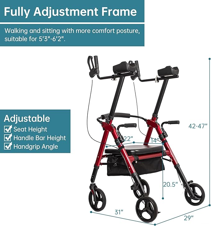 ELENKER Heavy Duty Upright Rollator Walker with Extra Wide Padded Seat and Backrest, Bariatric Stand Up Rolling Walker, Fully Adjustment Frame for Seniors, Red
