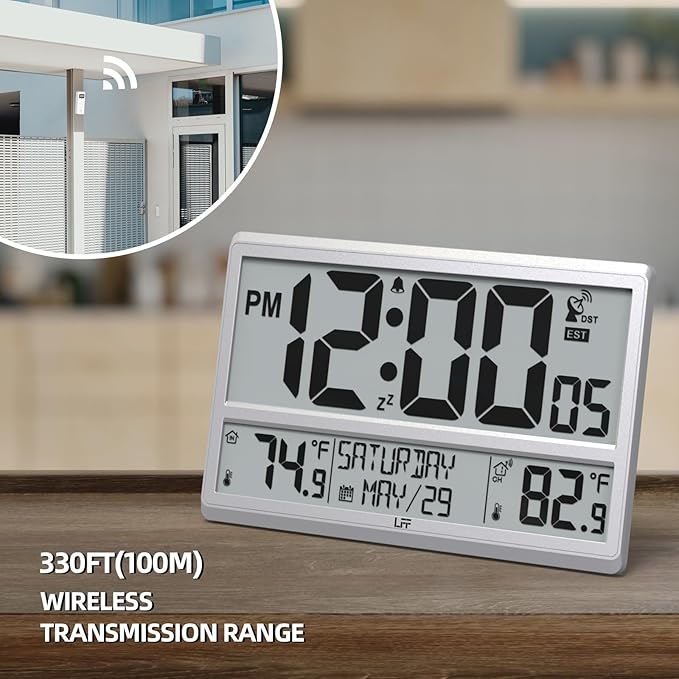 LFF Atomic Clock 4.5" Numbers, Atomic Wall Clock with Indoor & Outdoor Temperature，Never Needs Setting, Battery Operated, Date, Time, Wireless Outdoor Sensor, Jumbo Display Easy to Read