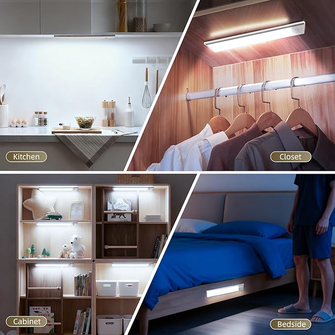 14inch Under Cabinet Lighting, 4 Pack Rechargeable Motion Sensor Light Indoor, Wireless Dimmable Magnetic Closet Lights, 58 LED Under Counter Lights for Kitchen, Wardrobe, Stairs, White Light