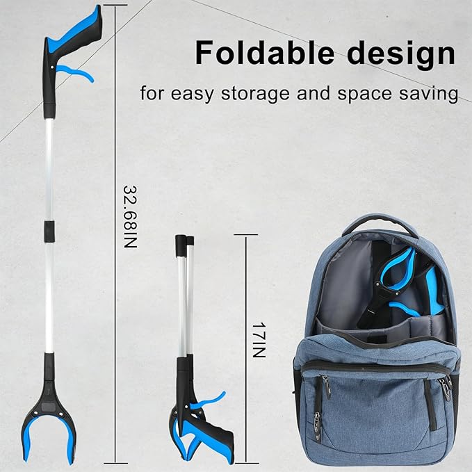 3 Pack Grabber Tool - 32 Inch (2 Pcs) Foldable with Magnet & 16 Inch (1 Pc) Fixed, 360° Rotating Jaw on All, Durable Litter Picker & Reacher for Elderly & All Users
