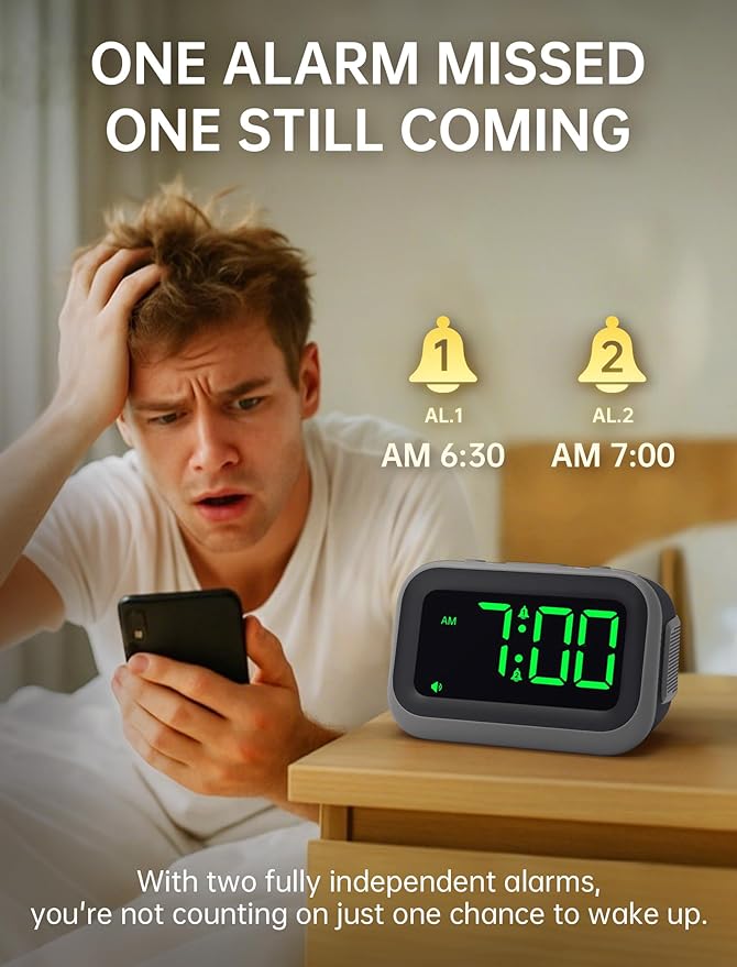 Acedeck Super Loud Alarm Clock for Heavy Sleepers: 115dB Dual Alarms and 6 Alarm Sounds for Bedroom - Large Numbers 5 Dimmers for All Ages Green Digits