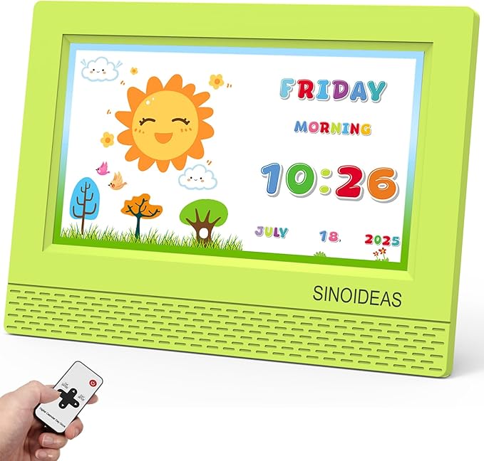 SINOIDEAS 7 Inch Kids Digital Alarm Clock, Children's Sleep Trainer,Eye-Caring Digital Clock for Girls Boys Bedrooms Bedside (Green)
