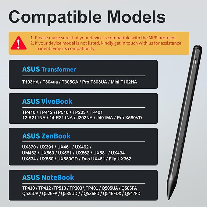 Stylus Pen for ASUS Transformer/Mini/ASUS Zenbook Flip/Pro/ASUS Vivobook Flip/Pro/Duo/ASUS Notebook, Rechargeable MPP 2.0 Tilt Active Pen with 4096 Pressure Sensitivity, Tpye-c Charge, Black