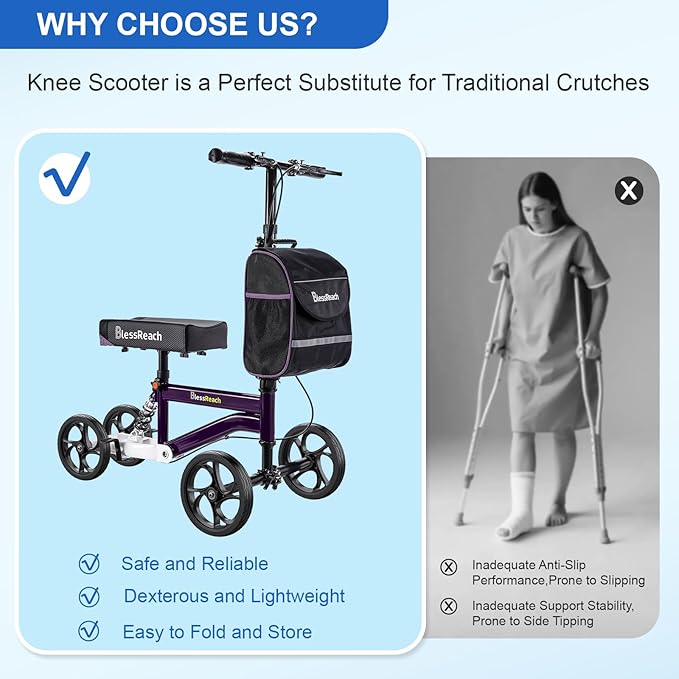 BlessReach Economy Knee Scooter, Steerable Knee Walker, Foldable Knee Scooters for Foot Injuries Adult Best Crutches Alternative (Purple)