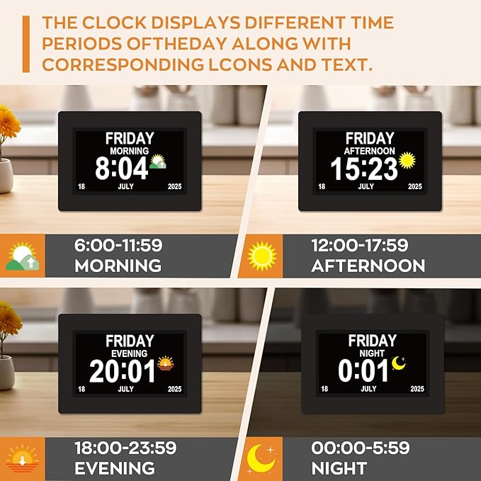 Digital Clock for Seniors with Day Date Time Large Display - 7 Inch Large Print Dementia Clock for Memory Loss and Visually Impaired, 12 Alarm Options, Non-Abbreviated, Black