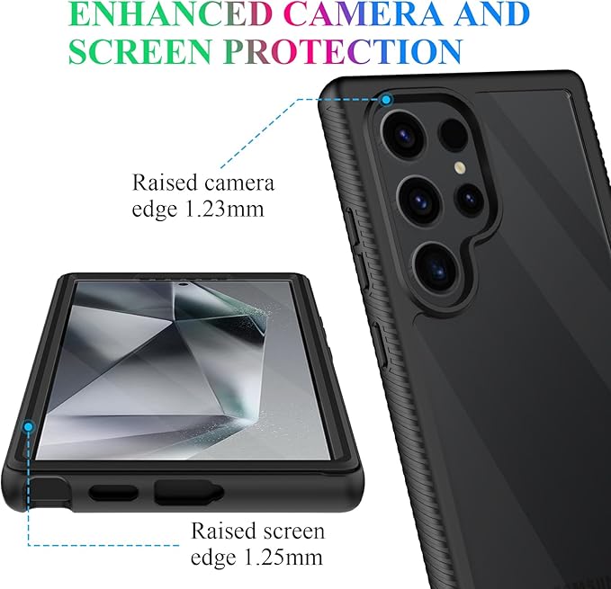 wahhle Compatible with Samsung Galaxy S24 Ultra Case, Built in Screen Protector Full Body Shockproof Slim Fit Bumper Protective Phone Cover 5G 6.8'' -Black/Clear