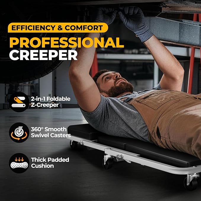 Auto Dynasty 36" Z-Creeper Seat, 2-in-1 Foldable Garage Creeper Shop Seat, 330 LBS Capacity Automotive Mechanic Repair Under Car Rolling Creeper Seat, Silver