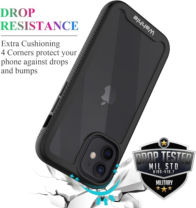 wahhle Compatible with iPhone 12 Mini Case, Built in Screen Protector Full Body Shockproof Slim Fit Bumper Protective Phone Cover 5.4'' Men Women-Black/Clear