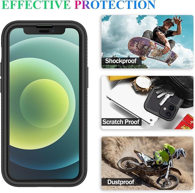 wahhle Compatible with iPhone 12 Mini Case, Built in Screen Protector Full Body Shockproof Slim Fit Bumper Protective Phone Cover 5.4'' Men Women-Black/Clear