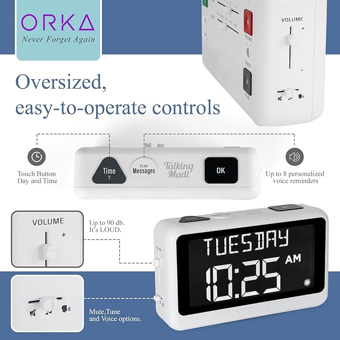 ORKA Talking Clock Voice Recordable Medication Reminder Dementia Alarm Clock for Seniors White