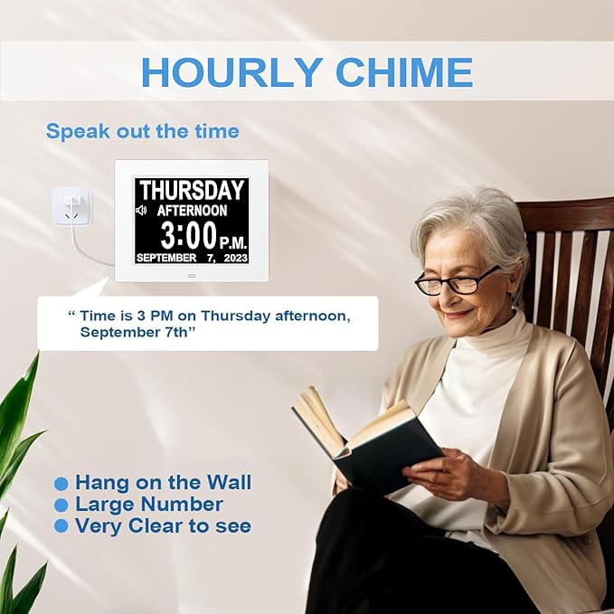 2026 Digital Calendar Alarm Day Clock with 8" Large Screen Display, AM PM, Multiple Alarms, for Impaired Vision People, the Aged Seniors, the Dementia, for Desk, Wall Mounted, White