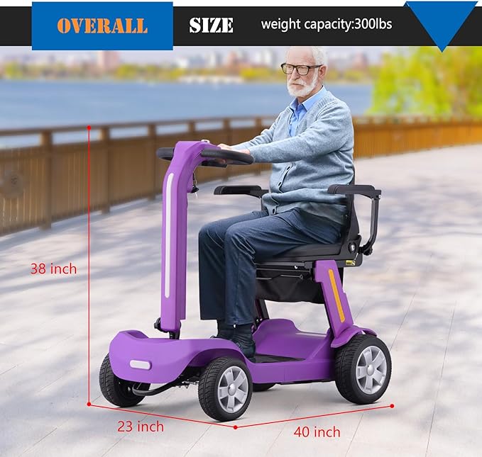 Foldable Mobility Scooter for Adults & Senior, 4 Wheels Powered Device for Travel, Lightweight and Portable, with LED Strip Light, Storage Bag, Charger Included, No Assemble Required (Purple)