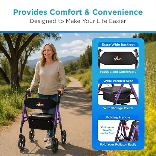 NOVA Star 8 Foldable Rollator Walker for Seniors, 400 lb Weight Capacity, Wide Padded Backrest with Seat, 8” All-Terrain Wheels, Easy-Grip Locking Hand Brakes, Height Adjustable, Purple