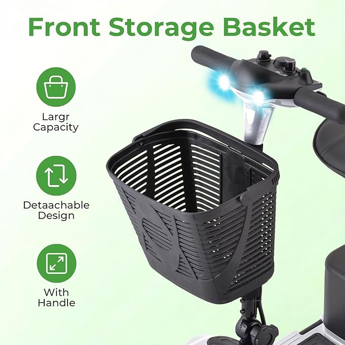 Mobility Scooter for Adults, 4 Wheels Lightweight Scooter, Foldable Mobility Scooter Long Range for Travel, Adults, Elderly, Supports 300 lbs, Powered Wheelchair with Charger & Basket (Silver Silver)