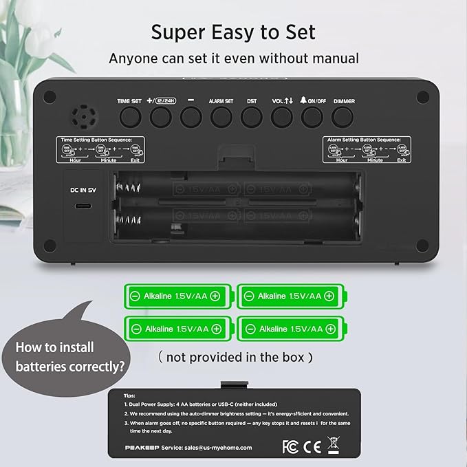 Peakeep Battery Operated Digital Alarm Clock for Bedrooms Cordless - Auto/Manual Dimmer, Volume Adjustable, Large Big Numbers Display, Dual Power Supply