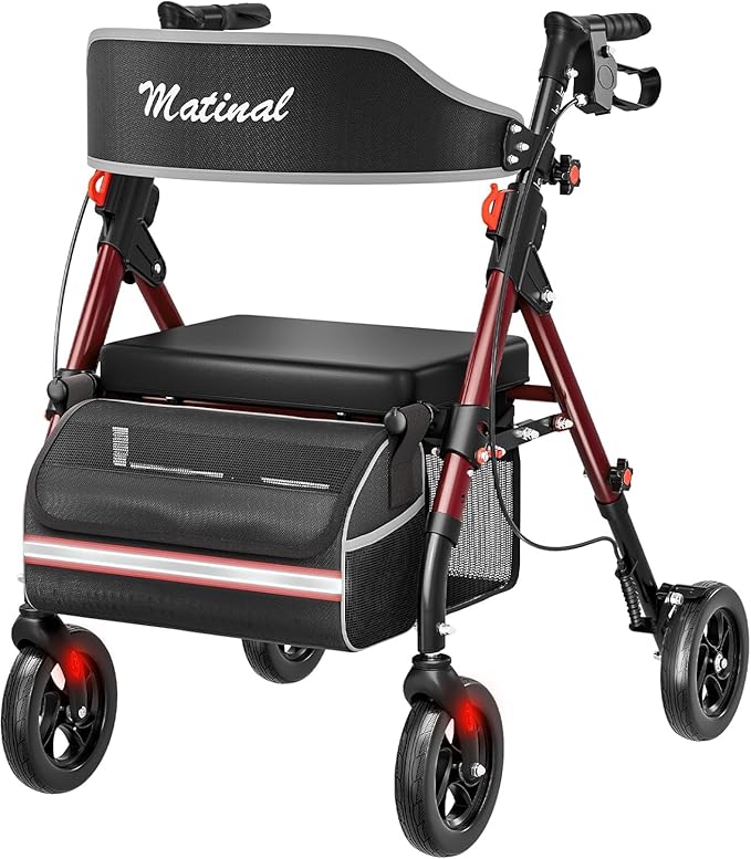 Foldable Rollator Walkers with Seat for Seniors, Lightweight Rollator Walker with 8" Big Wheels, Height Adjustable Ergonomic Rolling Walker Seat, Aluminum and Carbon Steel (Burgundy)