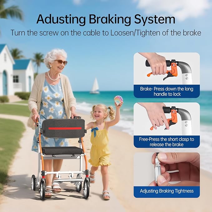 2 in 1 Walker Wheelchair Combo, Foldable Rollator Walkers for Seniors with Seat, Lightweight Rolling Walker with Height Adjustable, Easy Storage & Travel Walker Chair, No Installation, Orange