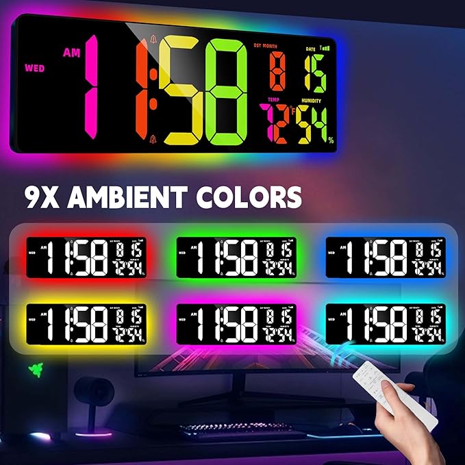 Large Digital Wall Clock 16.5", Count Down Timer, Bluetooth Sync Time, Alarm, Big LED, RGB Atmosphere Lights, Auto DST, Digital Clock for Living Room Classroom Xmas Birthday Gift for Senior Mom Dad