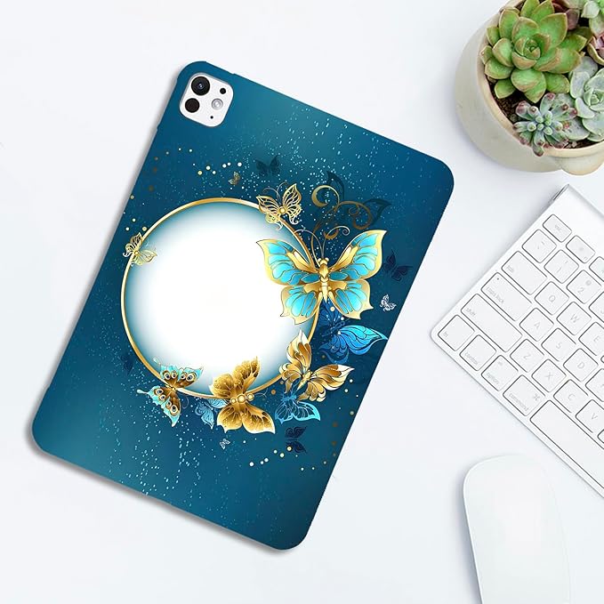 Dteck for iPad Pro 11 Inch (M4/M5) Ultra Thin Case 2024/2025 Release, Cute Cartoon Lightweight Soft Silicone TPU Slim Tablet Cover, Protective Shockproof Scratch Resistant Shell, Gold Blue Butterfly