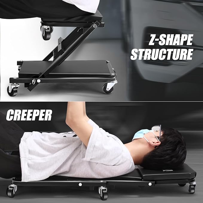 DNA Motoring 36 Inches Folding 2 in 1 Rolling Z Creeper, Adjustable Roller Garage Chair Lay Down or Sit, 6 Pcs Casters, 330 LBS / 150kg Weight Capacity, Black, TOOLS-00493
