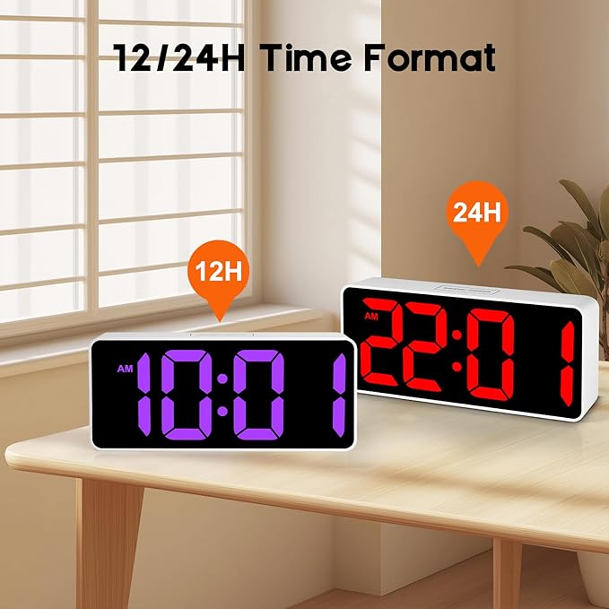 Small Digital Alarm Clock for Bederoom, Large Big Numbers Display with Brightness Dimmer,Dual Alarm, Snooze,12/24Hr,Adjustable Volume Loud Bedside Alarm Clock for Kids Teens Boys Girls (White)