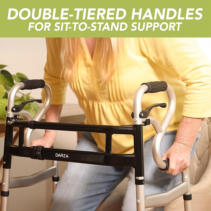 Darza R-Style Narrow Walkers with Storage Bag - Width Height Adjustable Walker, Lightweight Folding Walkers for Seniors Handicapped & Disabled, Up to 350 lbs