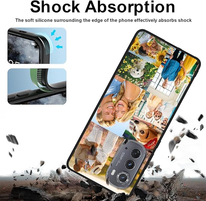 Custom Personalized Case for Motorola Moto Edge 2022 6.6 inch, Customized Multiple Photos Collage Text Phone Cover, Full Body Shockproof Soft Silicone Case, Anti-Scratch, Wireless Charging, Black