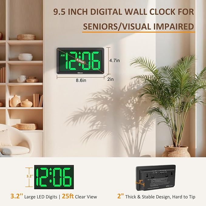 Soobest 9.5 Inch Large Digital Wall Clock Battery Operated, Auto & Manual Dimmer Display, Easy to Read Big Digits with Alarm for Seniors, Modern Decor for Living Room, Bedroom, Office (3.2" Numbers)