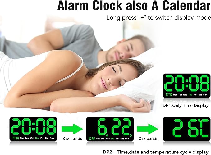 9.5 Inch Large Digital Wall Clock with LED Display, Auto DST, Dual Alarm with Snooze, Adjustable Brightness, Temperature & Date Display, Wall Mount or Desk Clock for Bedroom, Living Room, Office-Green