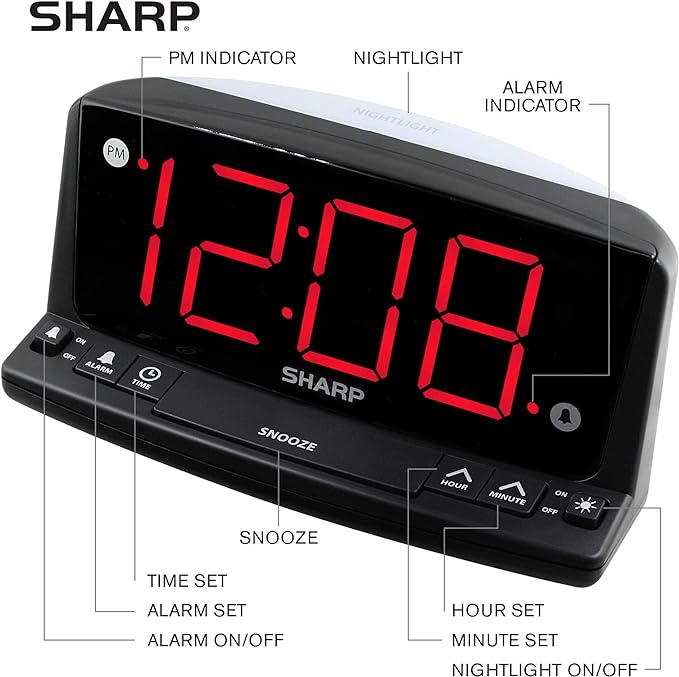 Sharp LED Digital Alarm Clock – Simple Operation - Easy to See Large Numbers, Built in Night Light, Loud Beep Alarm with Snooze, Bright Big Red Digit Display