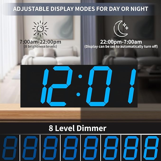 CHKOSDA 18.7in Large Digital Wall Clock,LED Digital Clock with Big Number,Multi-Function Remote Controlled Wall Clock with Timer, Alarm and Calendar Display(Blue)